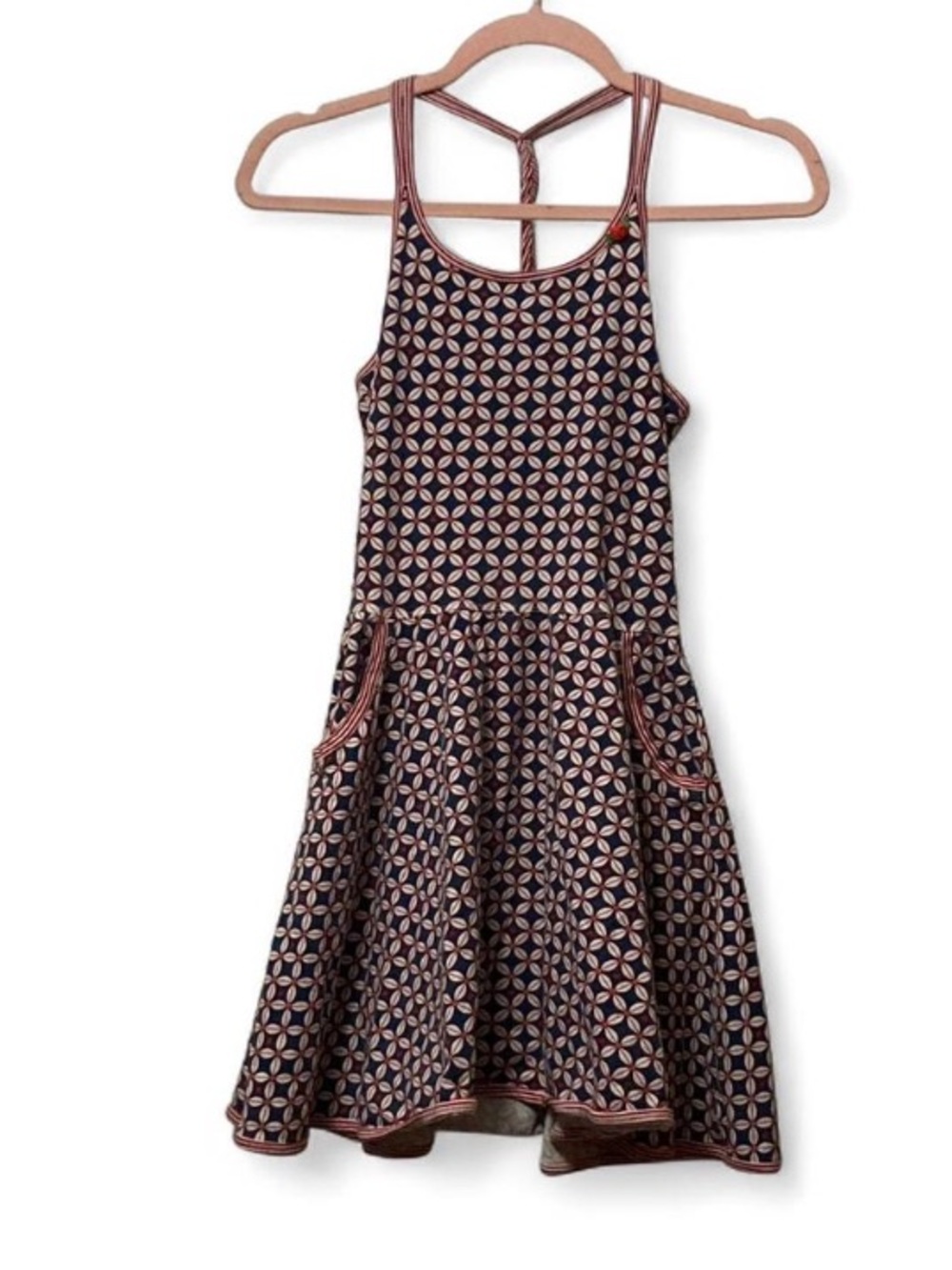 Mi Pi Navy and Red Patterned Rose Detail Strap Sleeveless Dress